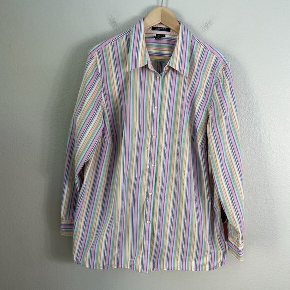 Lauren Ralph Lauren Womens Plus 2X Pastel Striped Button Up Shirt Long Sleeve - Picture 8 of 11